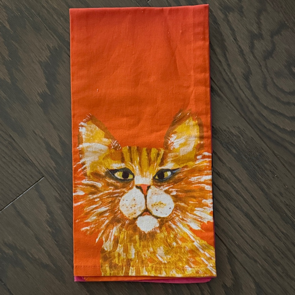 NWT Anthropologie Carole Akins Furry Friends Dish Towel Orange Cat Dog